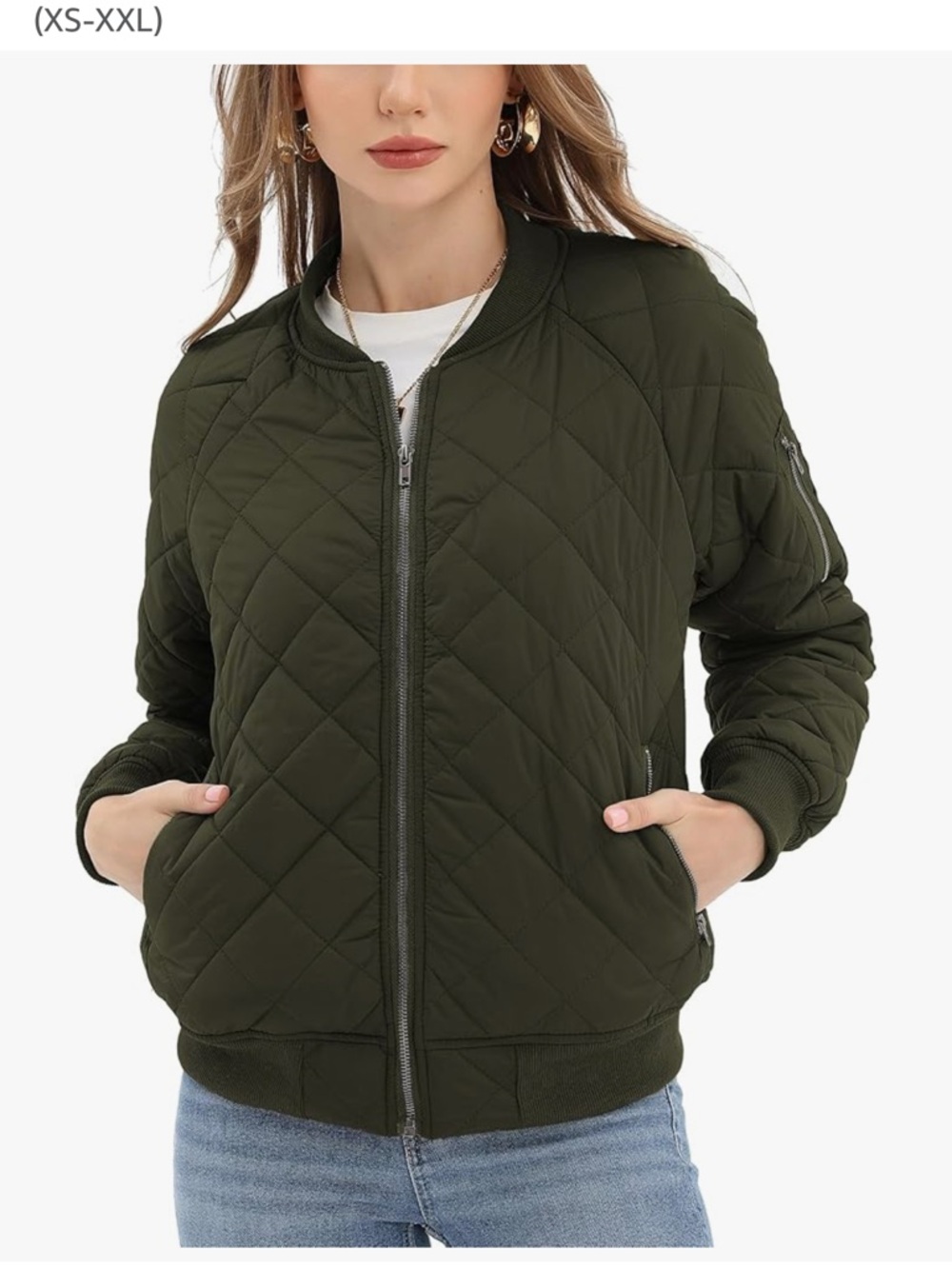 Women's Quilted Bomber Jacket in Olive Green
